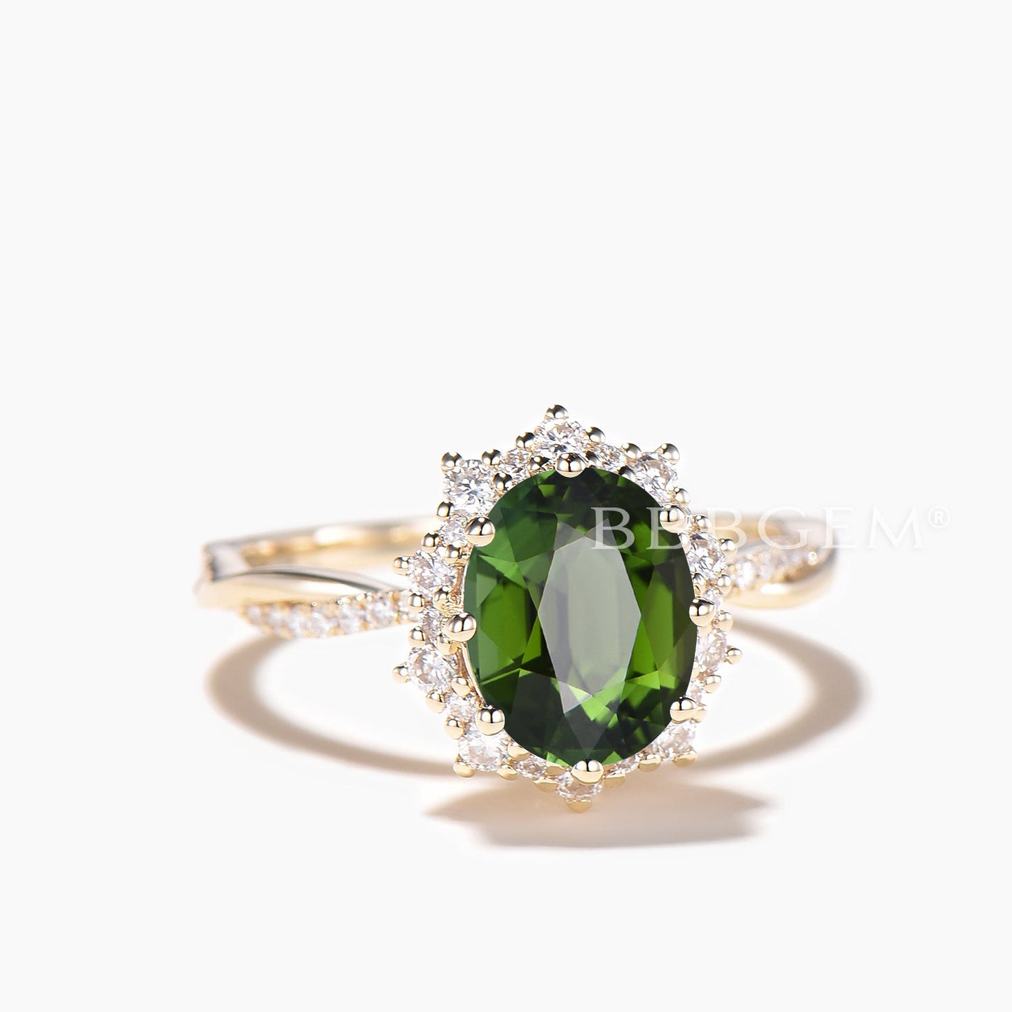 Diamond Halo Ring Oval Cut Natural Green Tourmaline Twisted Wedding Ring