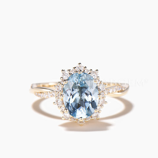 1.5CT Oval Cut Natural Aquamarine Twisted Engagement Ring Diamond Halo Ring