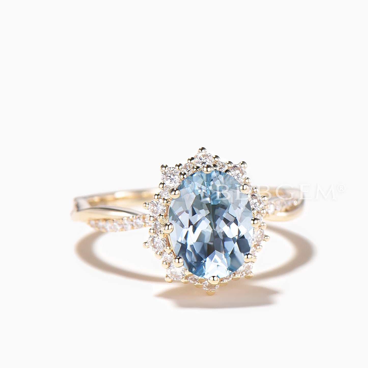 1.5CT Oval Cut Natural Aquamarine Twisted Engagement Ring Diamond Halo Ring