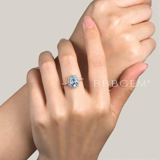 1.5CT Oval Cut Natural Aquamarine Twisted Engagement Ring Diamond Halo Ring