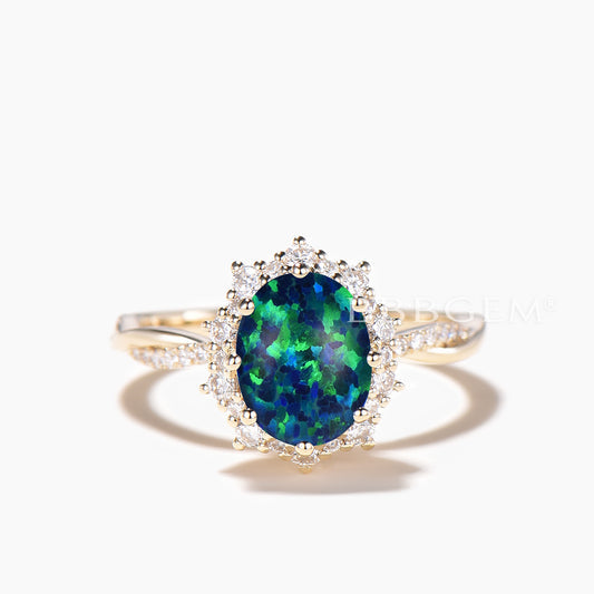 1.5CT Oval Cut Black Opal Engagement Ring Diamond Halo Twisted Ring