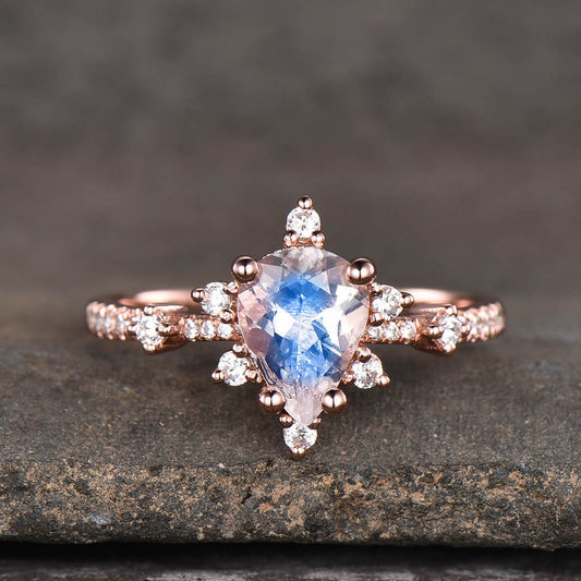 14K/18K Rose Gold Rainbow Moonstone And Diamond Engagement Ring Unique
