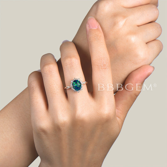 1.5CT Oval Cut Black Opal Engagement Ring Diamond Halo Twisted Ring