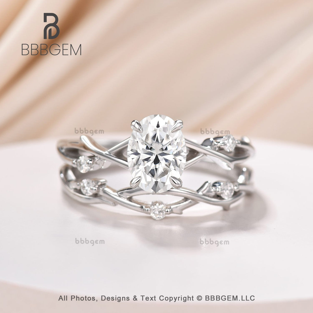 2PCS Twig Vine Oval Moissanite Solitaire Engagement Ring Set for Women 1.5CT Oval Cut Rose Gold