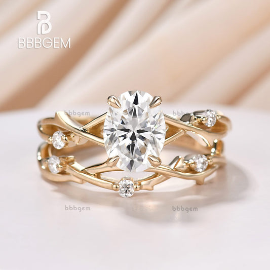 2PCS Twig Vine Oval Moissanite Solitaire Engagement Ring Set for Women 1.5CT Oval Cut Rose Gold