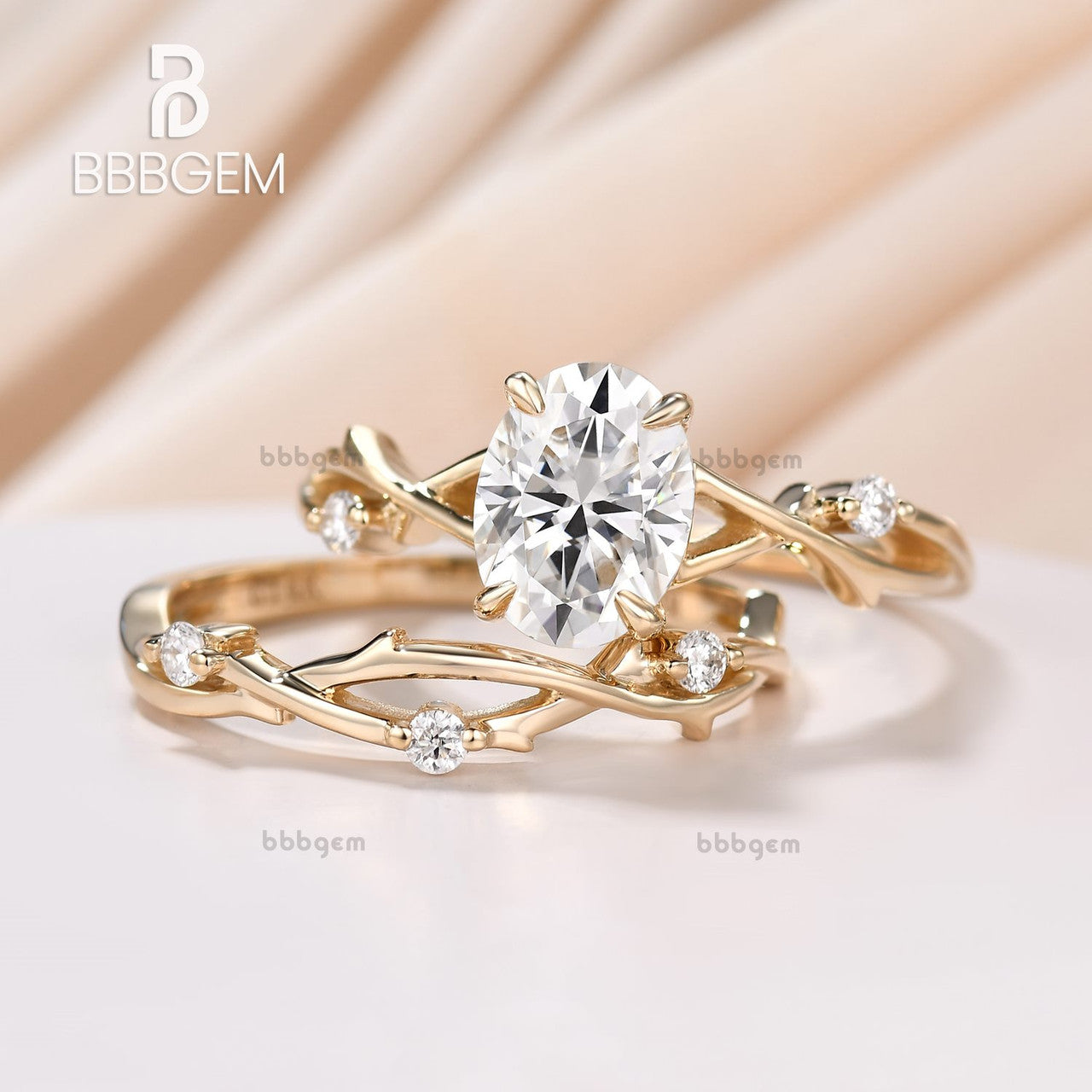 2PCS Twig Vine Oval Moissanite Solitaire Engagement Ring Set for Women 1.5CT Oval Cut Rose Gold