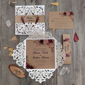 Floral Patterned Ivory Laser Cut Rustic Wedding Invitation Swws240