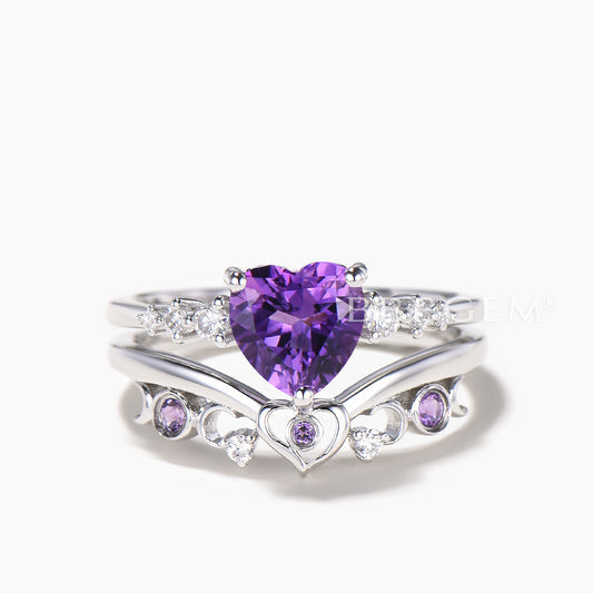 Heart Cut Natural Amethyst Diamond Wedding Bridal Set Amethyst Engagement Ring