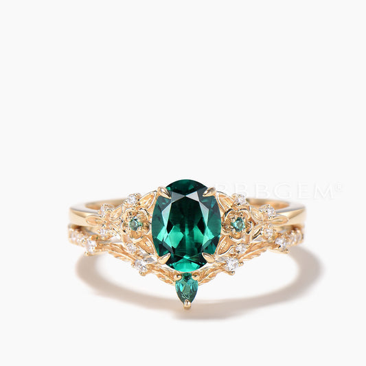 1.5CT Oval Cut Emerald Leaf Ring Diamond Flower Nature Inspired Bridal Set