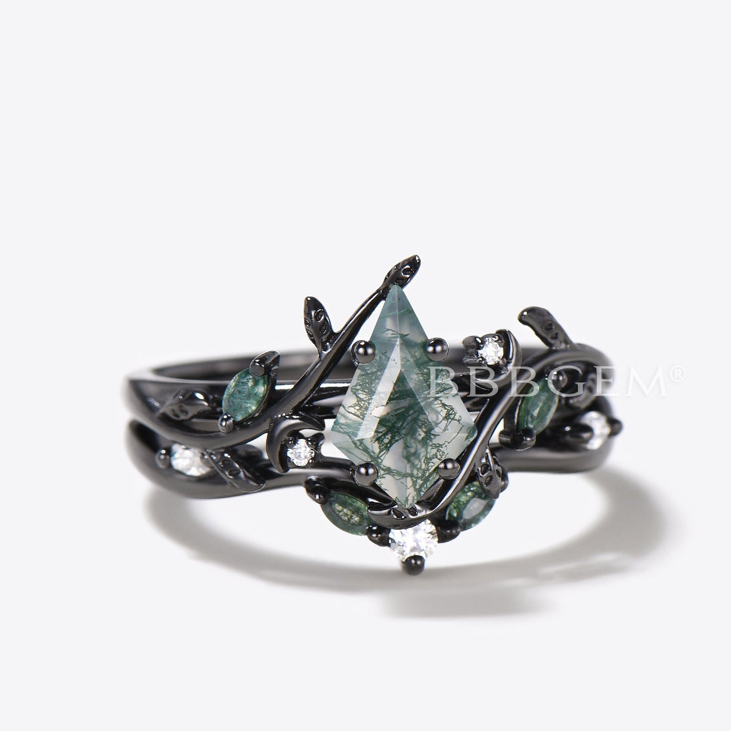 Kite Cut Natural Moss Agate Engagement Ring Leaf Nature Inspired Bridal Set