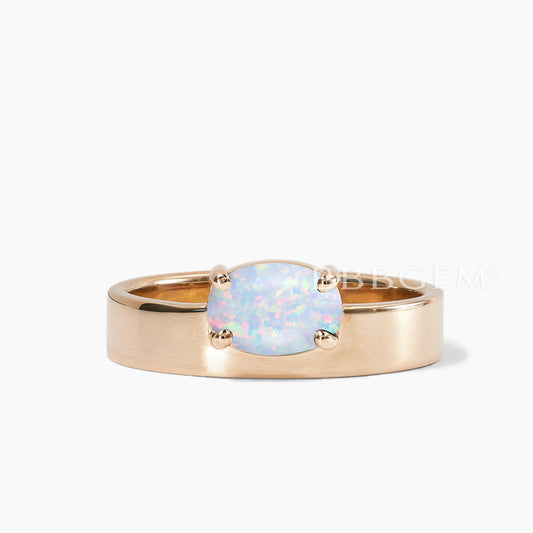 5mm Width Oval Cut Opal Cigar Band for Women East to West Horizontal Ring