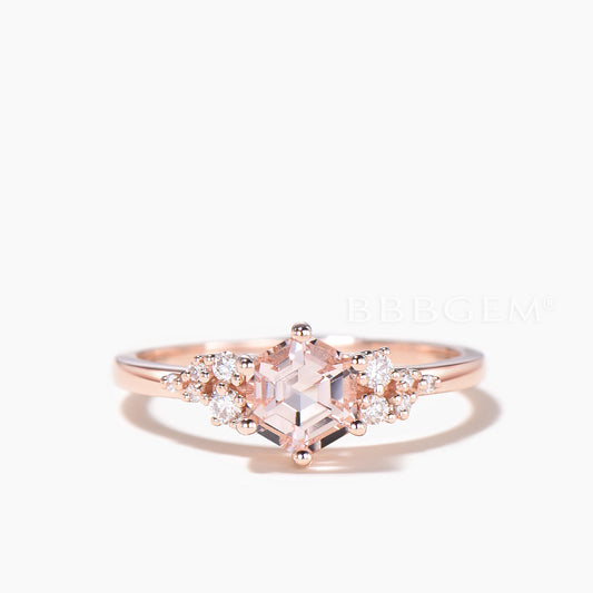 Hexagon Cut Natural Morganite Engagement Ring Diamond Cluster Ring