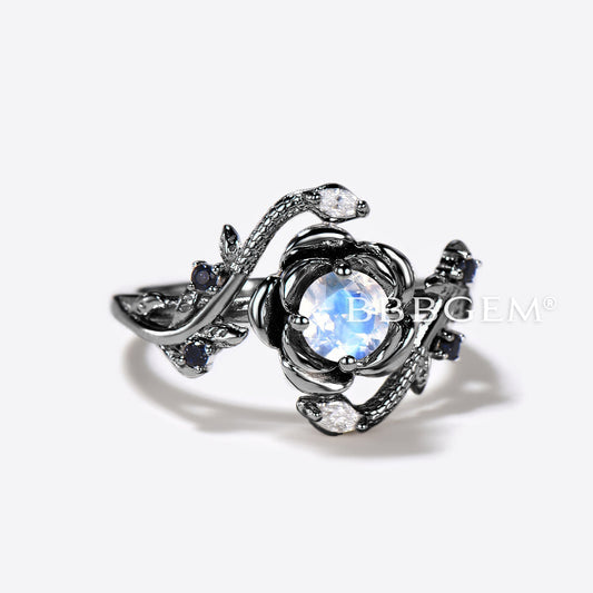 Floral Natural Moonstone Engagement Ring Double Snake Diamond Ring