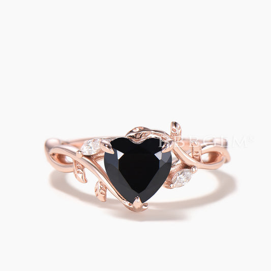 Heart Cut Black Onyx Twisted Engagement Ring Diamond Nature Inspired Ring