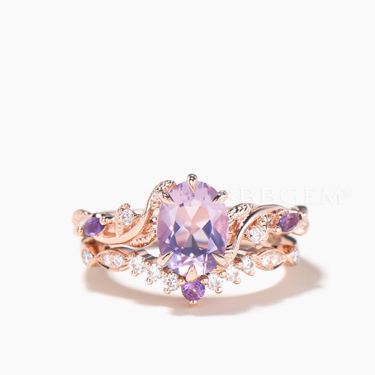 1.5CT Oval Cut Natural Lavender Amethyst Wedding Ring Diamond Bridal Set