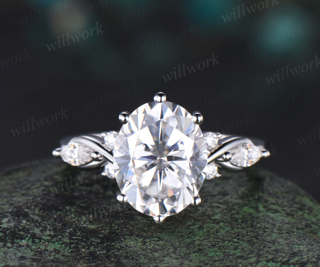 3ct Oval Cut Moissanite Engagement Ring Solid 14k White Gold 6 Prong Retro Diamond Wedding Ring Women