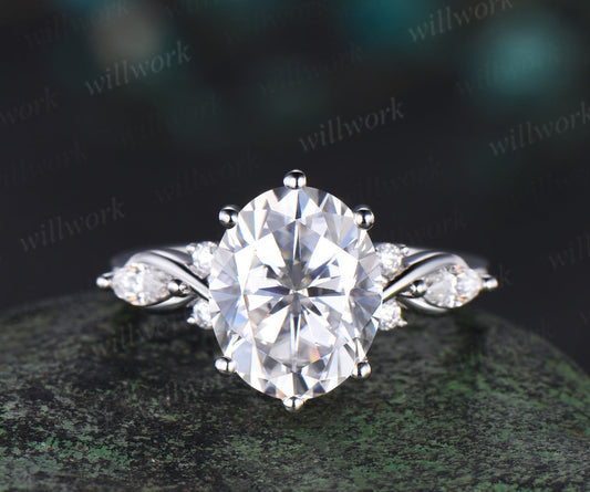 3ct Oval Cut Moissanite Engagement Ring Solid 14k White Gold 6 Prong Retro Diamond Wedding Ring Women