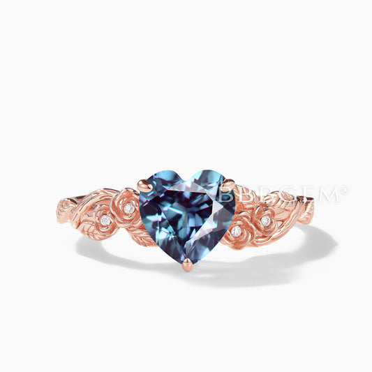 Heart Cut Color-change Alexandrite Diamond Flower Leaf Ring