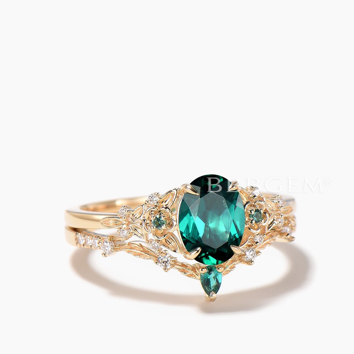 1.5CT Oval Cut Emerald Leaf Ring Diamond Flower Nature Inspired Bridal Set