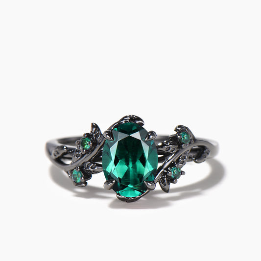 1.5ct Oval Cut Emerald Leaf Engagement Ring Nature Inspired Black Gold Ring