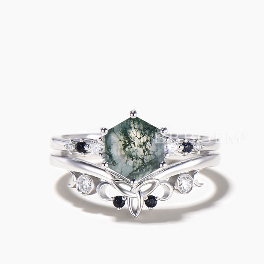1CT Hexagon Cut Natural Moss Agate Celtic Knot Bridal Set Sandstone Wedding Ring