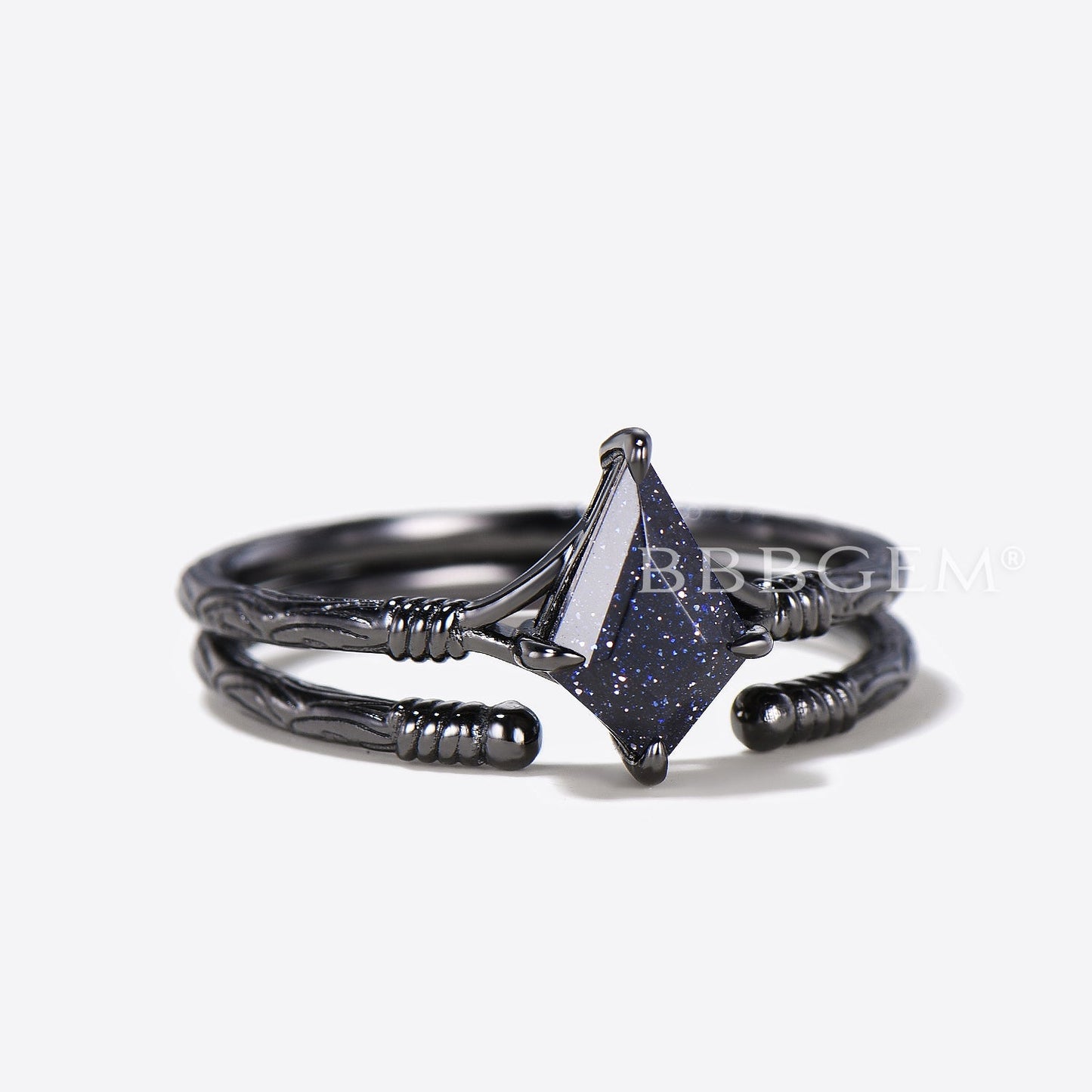 Kite Cut Blue Sandstone Engagement Ring Open Cuff Solitaire Bridal Set