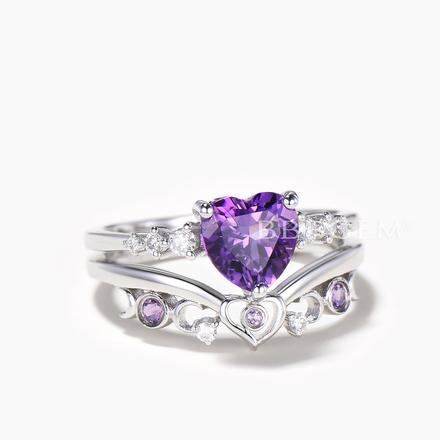 Heart Cut Natural Amethyst Diamond Wedding Bridal Set Amethyst Engagement Ring
