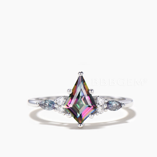 1CT Kite Cut Mystic Topaz Engagement Ring Diamond Alexandrite Cluster Ring