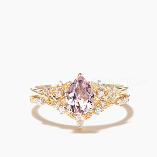 1.25CT Teardrop Cut Natural Morganite Flower Wedding Ring Moissanite Bridal Set