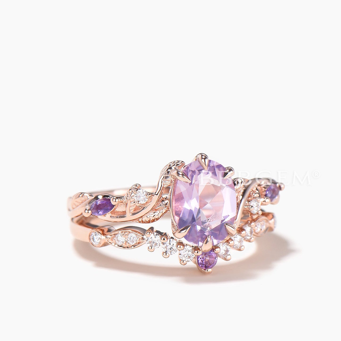 1.5CT Oval Cut Natural Lavender Amethyst Wedding Ring Diamond Bridal Set