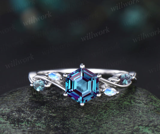 Hexagon Cut Alexandrite Engagement Ring 14k White Gold 6 Prong Infinity Moonstone Retro Unique Wedding Ring Women