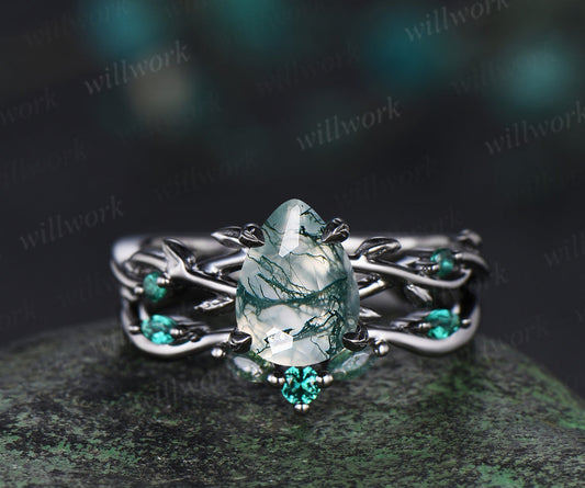 14K Black Gold Natural Green Moss Agate Emerald Engagement Ring Set Twig Vine Pear Moss Agate Wedding Ring Goth Black Promise Rings Anniversary Gift