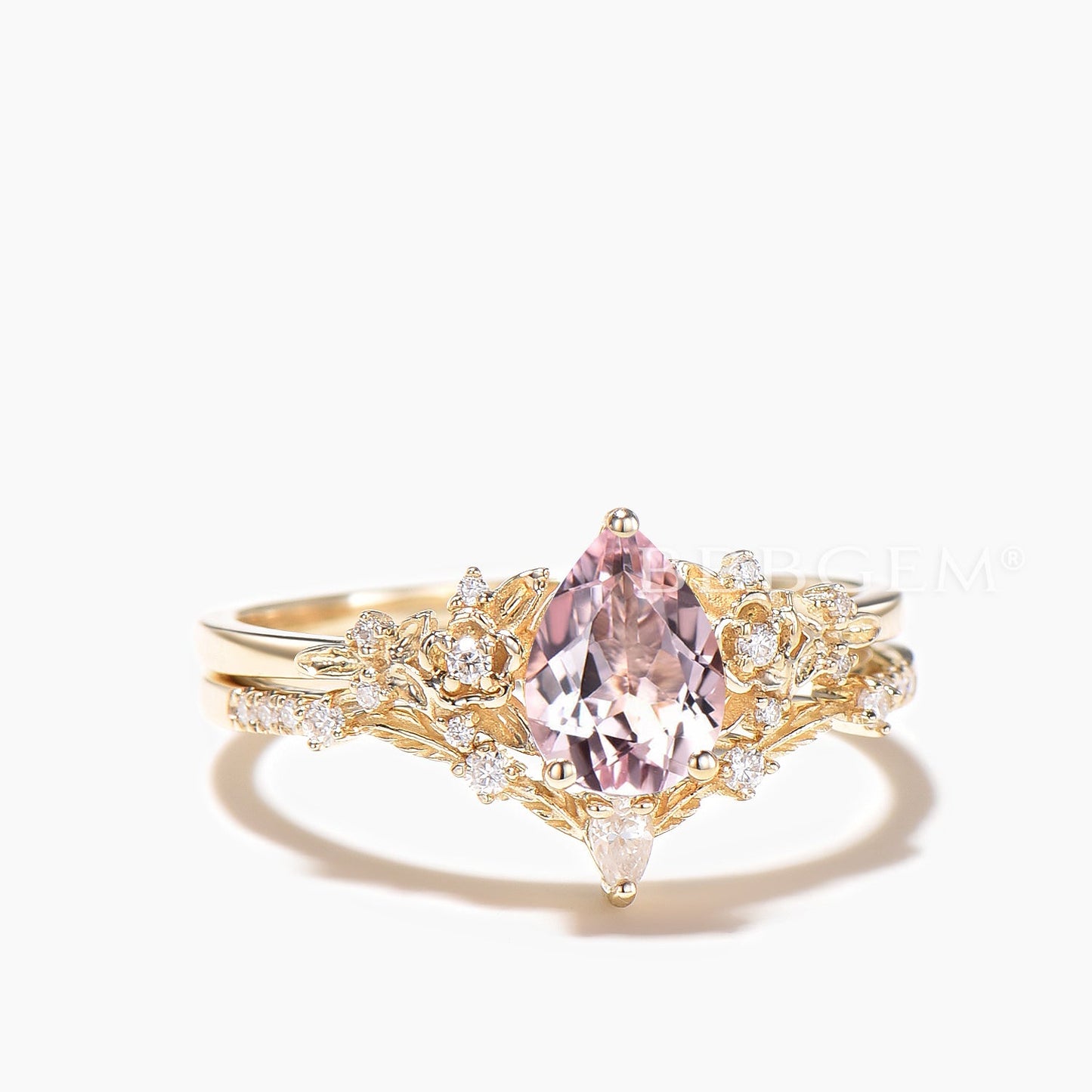 1.25CT Teardrop Cut Natural Morganite Flower Wedding Ring Moissanite Bridal Set