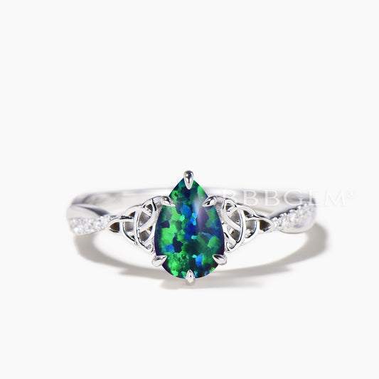 1.5CT Teardrop Cut Black Opal Celtic Knot Engagement Ring Diamond Twisted Ring
