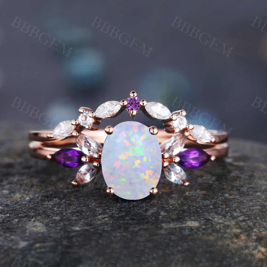 1.5 Carat Oval Cut Opal Engagement Ring Marquise Shaped Mossanite Band