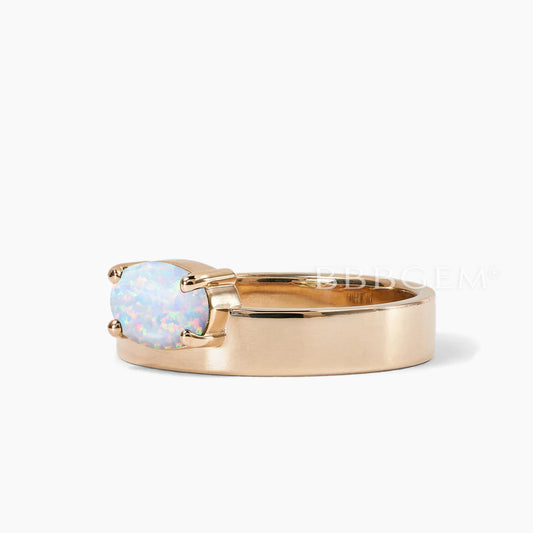 5mm Width Oval Cut Opal Cigar Band for Women East to West Horizontal Ring