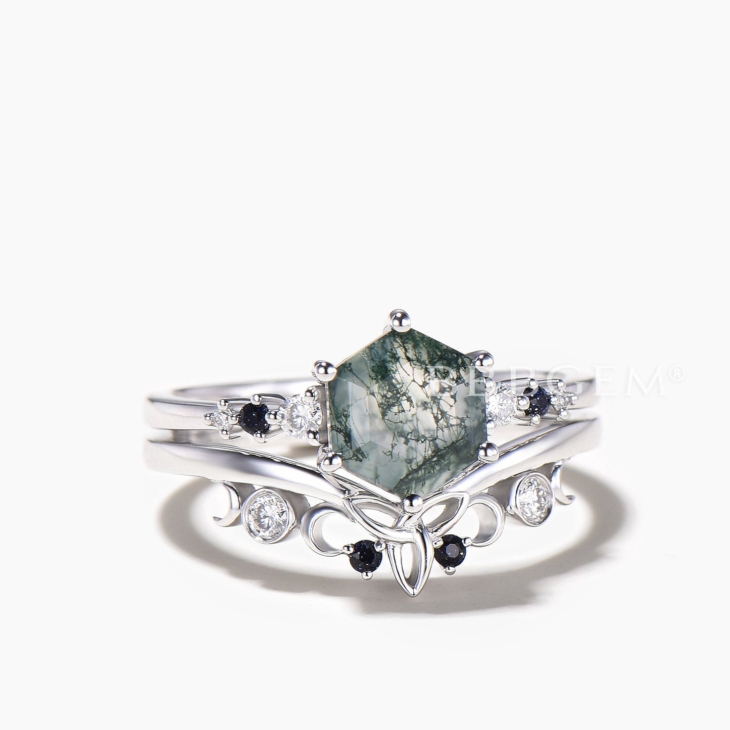 1CT Hexagon Cut Natural Moss Agate Celtic Knot Bridal Set Sandstone Wedding Ring