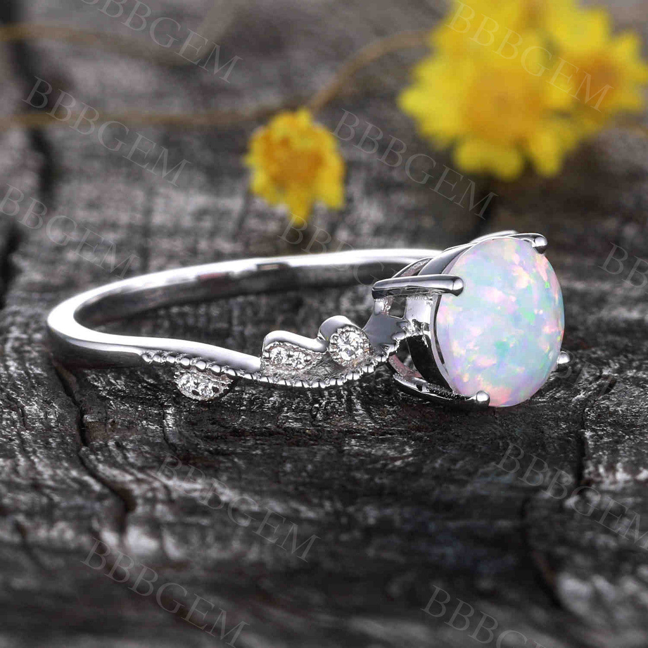 14K/18K Female Opal Diamond Engagement Ring Bezel Set