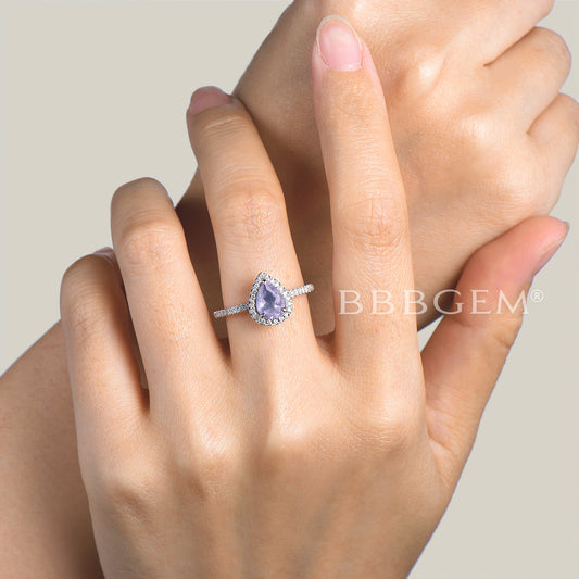 1.25CT Pear Cut Natural Lavender Amethyst Engagement Ring Diamond Halo Ring
