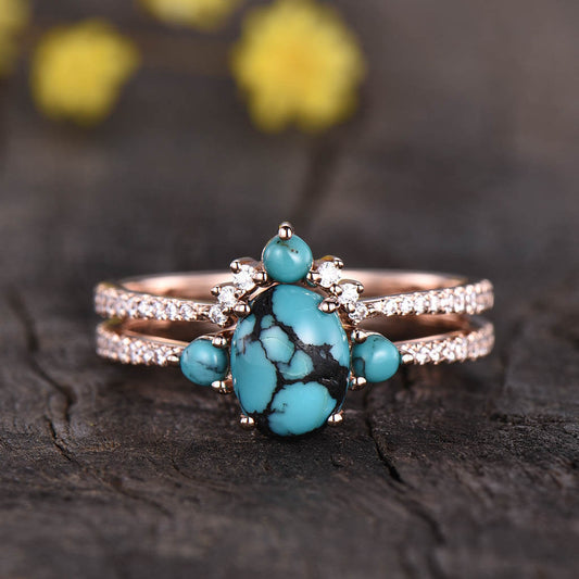 14K/18K Gold Three Stone Turquoise Diamond Halo Engagement Ring Set