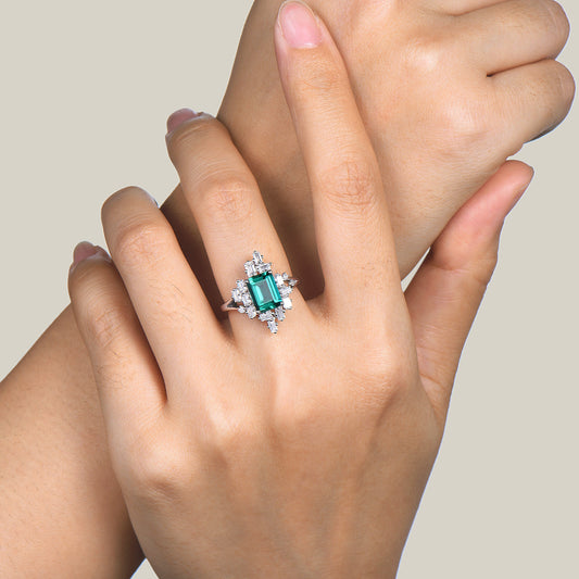 2ct Emerald Cut Green Emerald Baguette Moissanite Split Shank Halo Engagement Ring