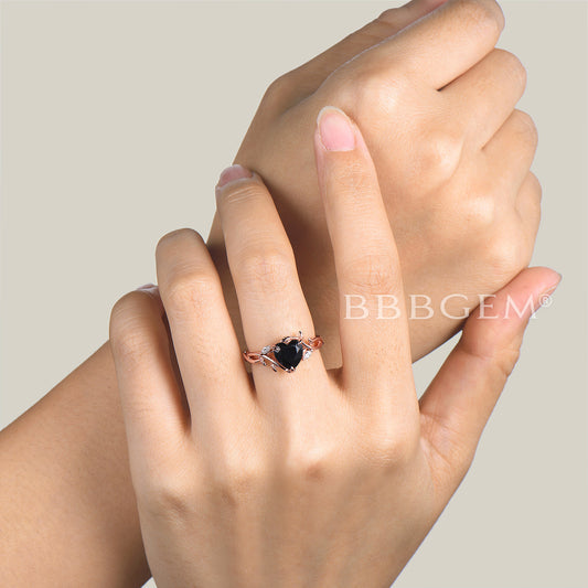 Heart Cut Black Onyx Twisted Engagement Ring Diamond Nature Inspired Ring