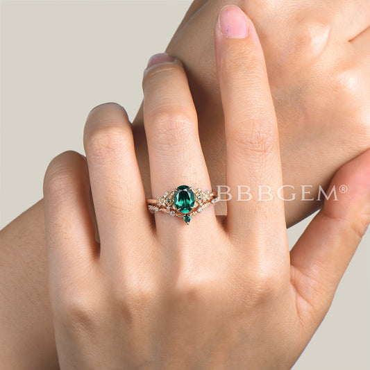 1.5CT Oval Cut Emerald Leaf Ring Diamond Flower Nature Inspired Bridal Set