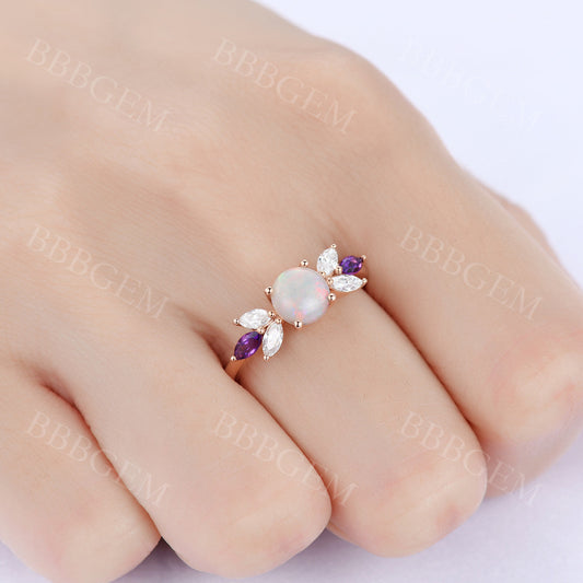 0.8CT Art Deco Round Cut White Fire Natural Opal Engagement Ring Rose Gold