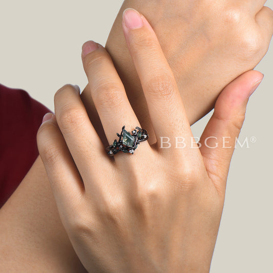 Kite Cut Natural Moss Agate Engagement Ring Leaf Nature Inspired Bridal Set