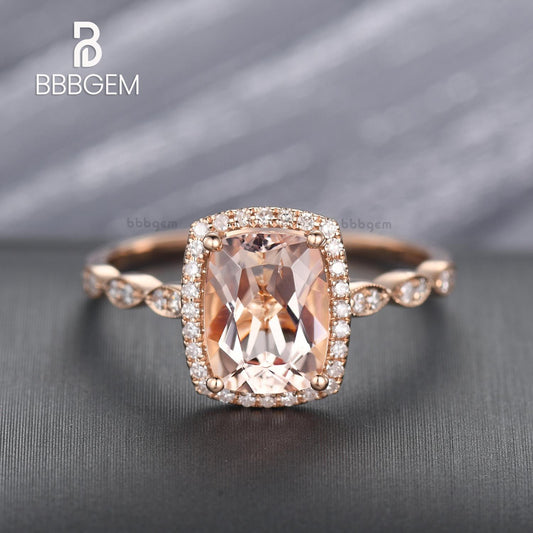 2 Carat Cushion Cut Natural Peachy Pink Morganite Wedding Ring Diamond Halo Ring Pink Gold Diamond Wedding Band