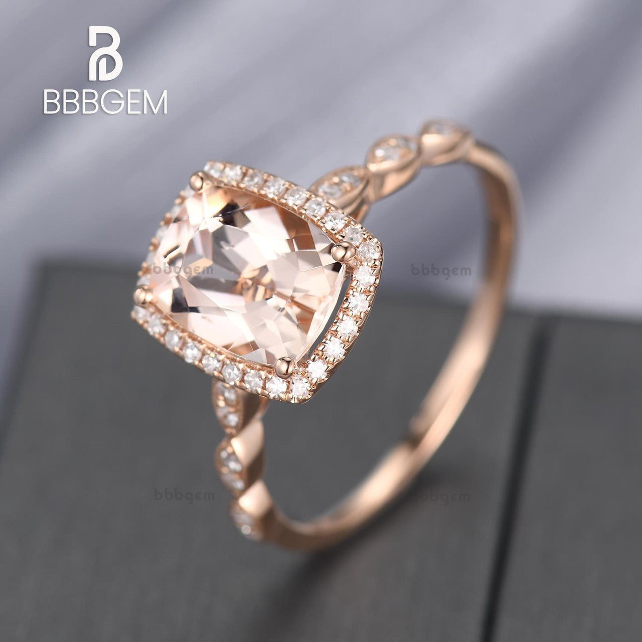 2 Carat Cushion Cut Natural Peachy Pink Morganite Wedding Ring Diamond Halo Ring Pink Gold Diamond Wedding Band