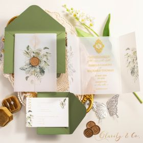 Chic Lxurious Gold Acrylic Wedding Invitation with Greenery Rustic Vellum Pocket CAPV046
