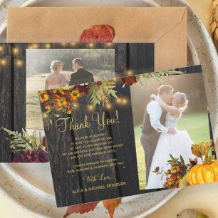 2 photos rustic fall floral barn wood wedding thank you card