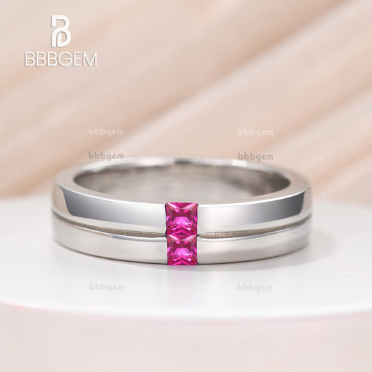 2.5mm Vertical Princess Lab Ruby 2 Stone Men Wedding Ring in Sterling Silver Couple Gender-neutral Ring